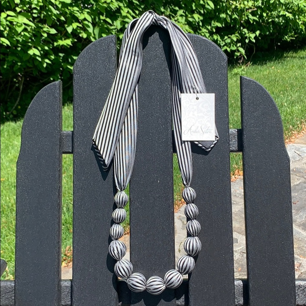 Grey, black and white striped fabric necklace